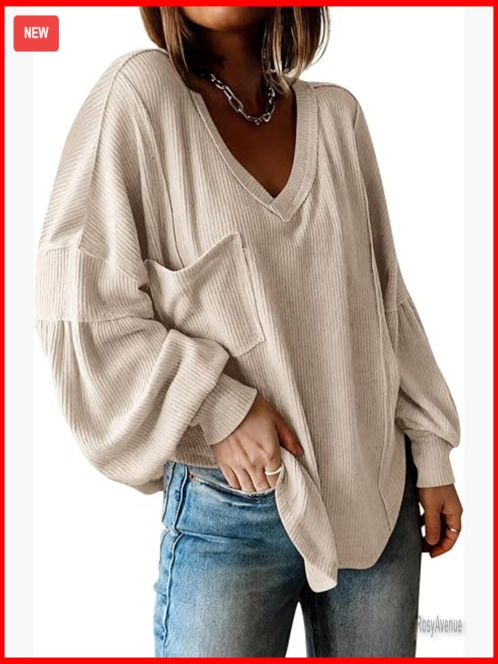 Long Sleeve V-Neck Ribbed Knit Tunic Top Loose Fit Balloon Sleeves